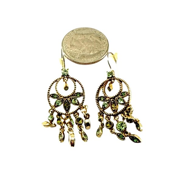 Vintage Green Rhinestone Dangle Earrings Boho Chandelier Drop Pierced - Picture 6 of 9